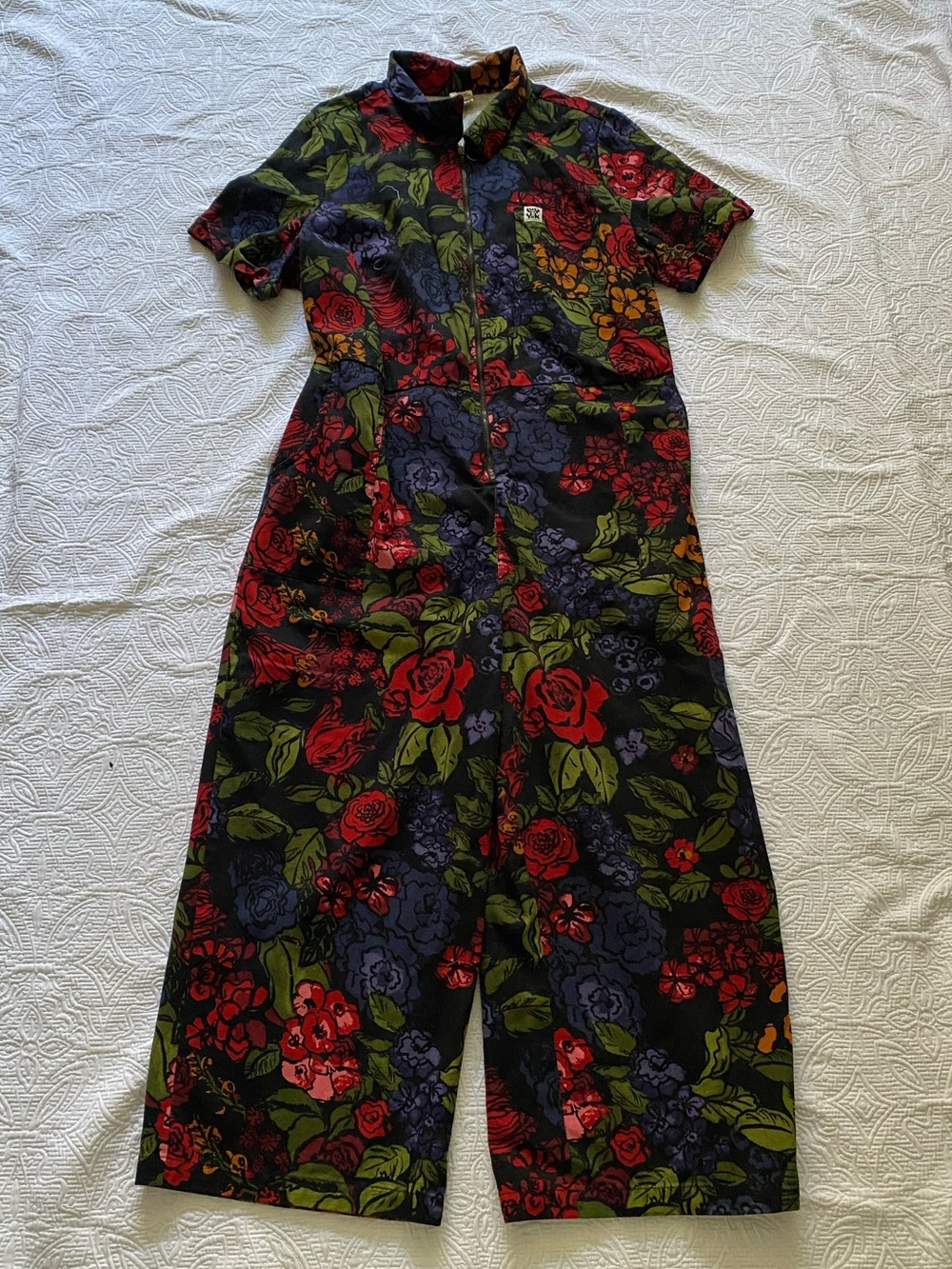 Lucy & Yak Black Jumpsuit with Red & Green Floral Print
